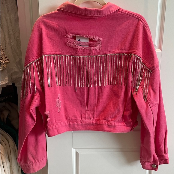 Pink Rhinestone Fringe Denim Jacket M/L - Picture 1 of 4